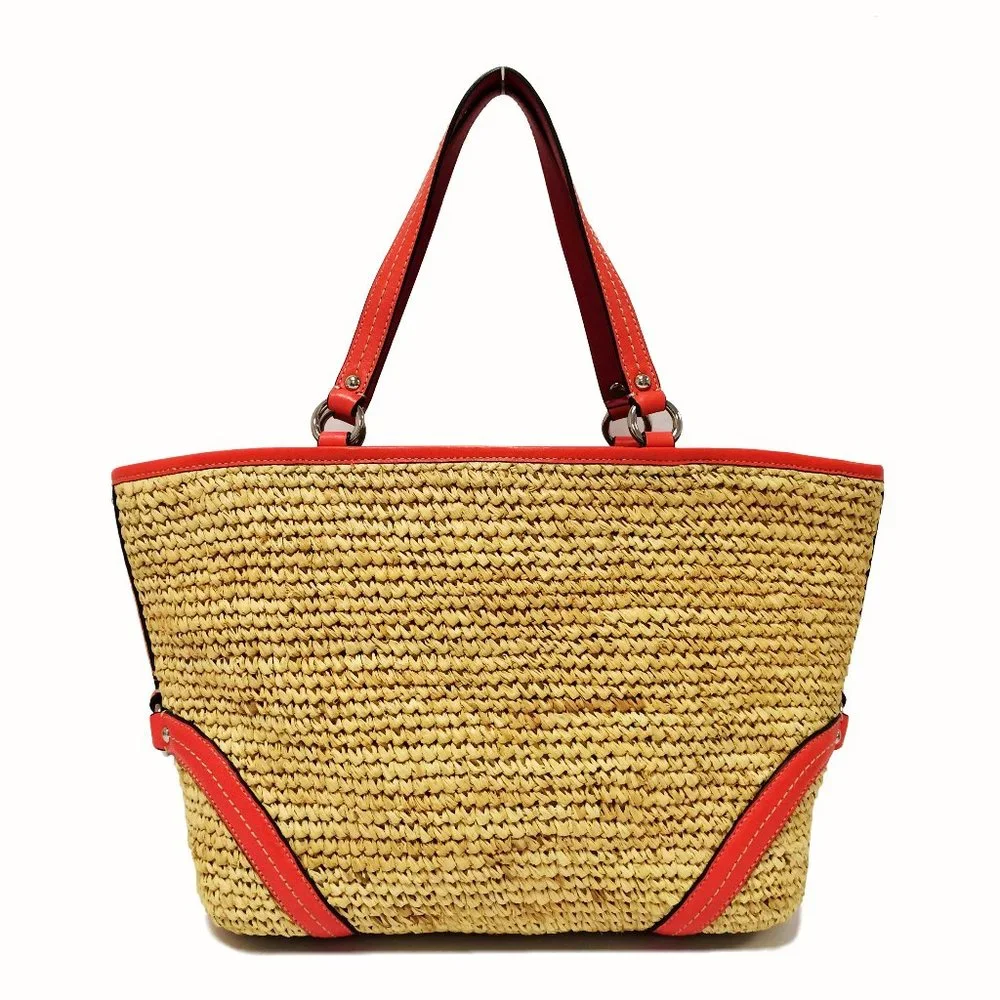 Coach Woven Straw Pocket Tote Natural Coral Leather Trim Turnlock Beach Bag